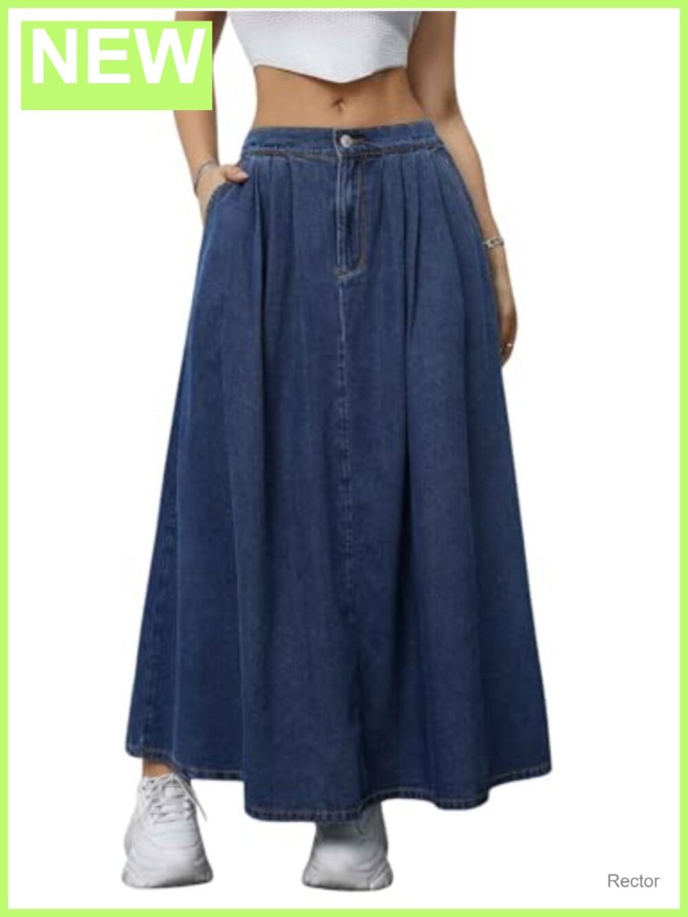 Pleated Denim Maxi Skirt with Pockets Back Elastic Waist A-Line Flowy